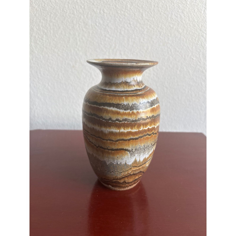 Signed Glen Spangler Studio Pottery Vase Earth Tone Banded Glaze Boho Decor 6"